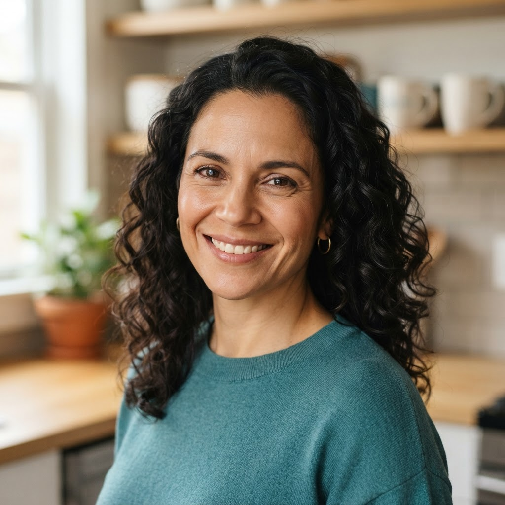 Smiling woman with dark curly hair in a teal top