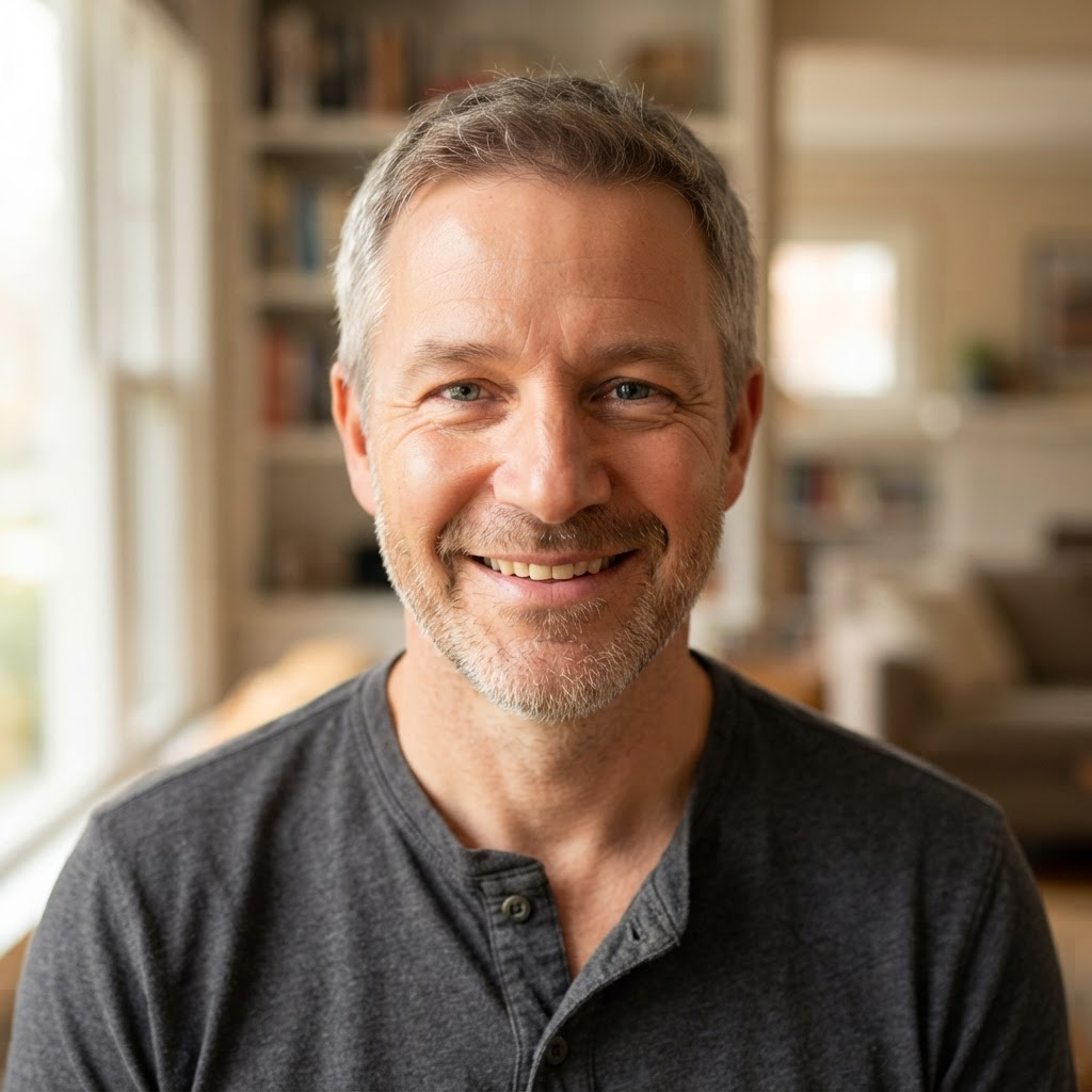 Smiling middle-aged man in a grey henley shirt