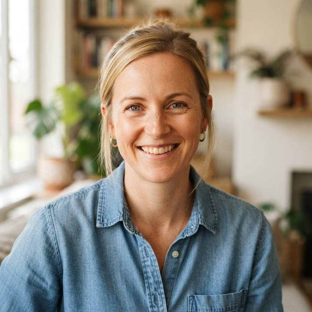 Smiling woman with blonde hair in a denim shirt